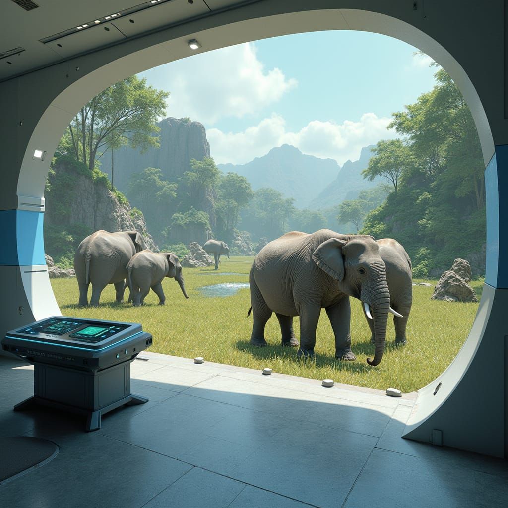 Asiatic Elephants in Futuristic Habitat with High-Tech Accen...