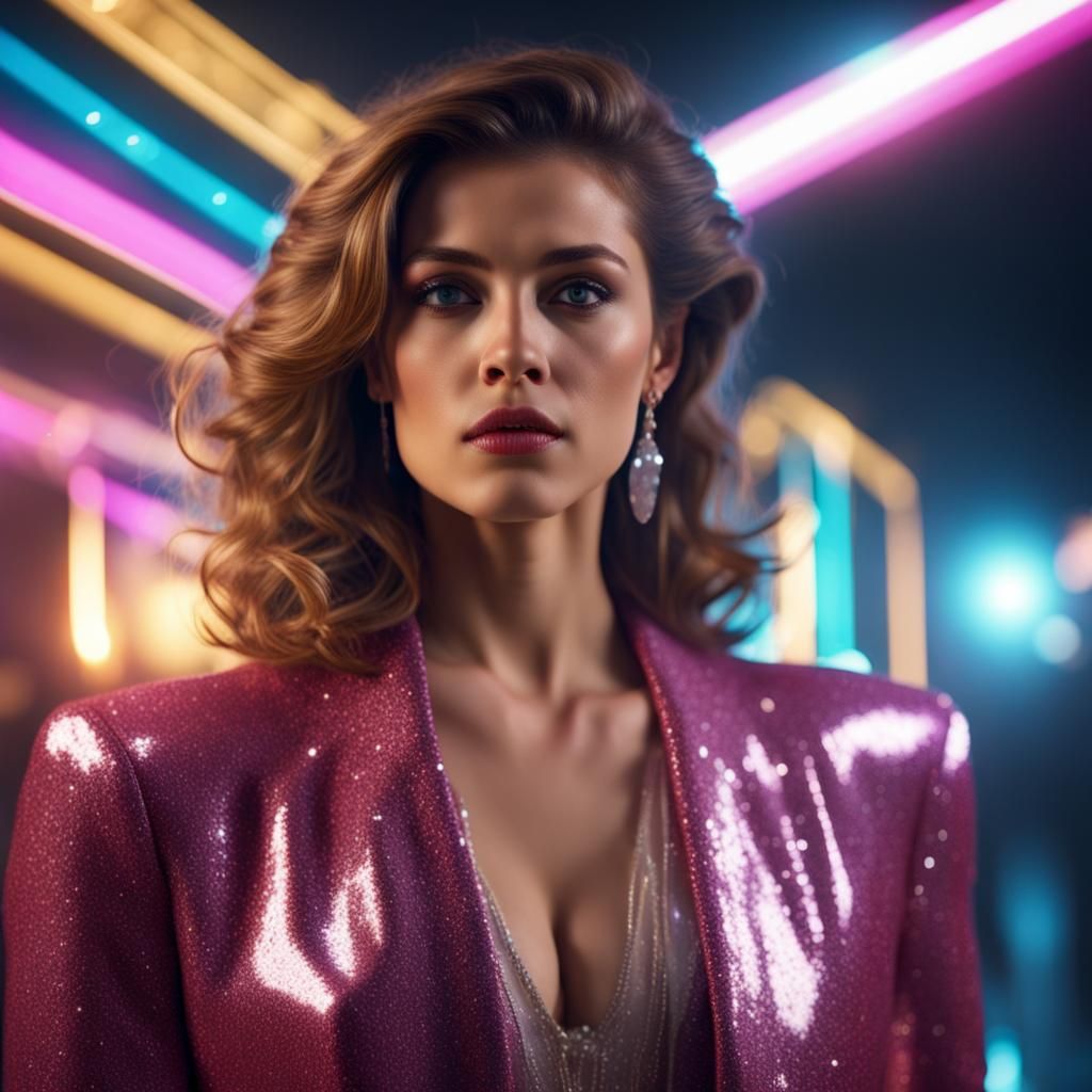 Glamorous Woman in 1980s Fashion, Cinematic Photography