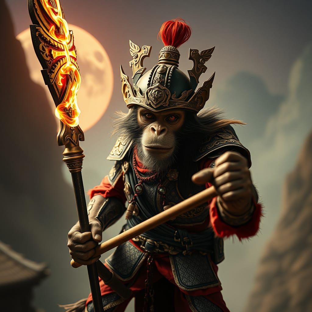 Monkey Fighter in Fantasy Landscape, Cinematic Film Still