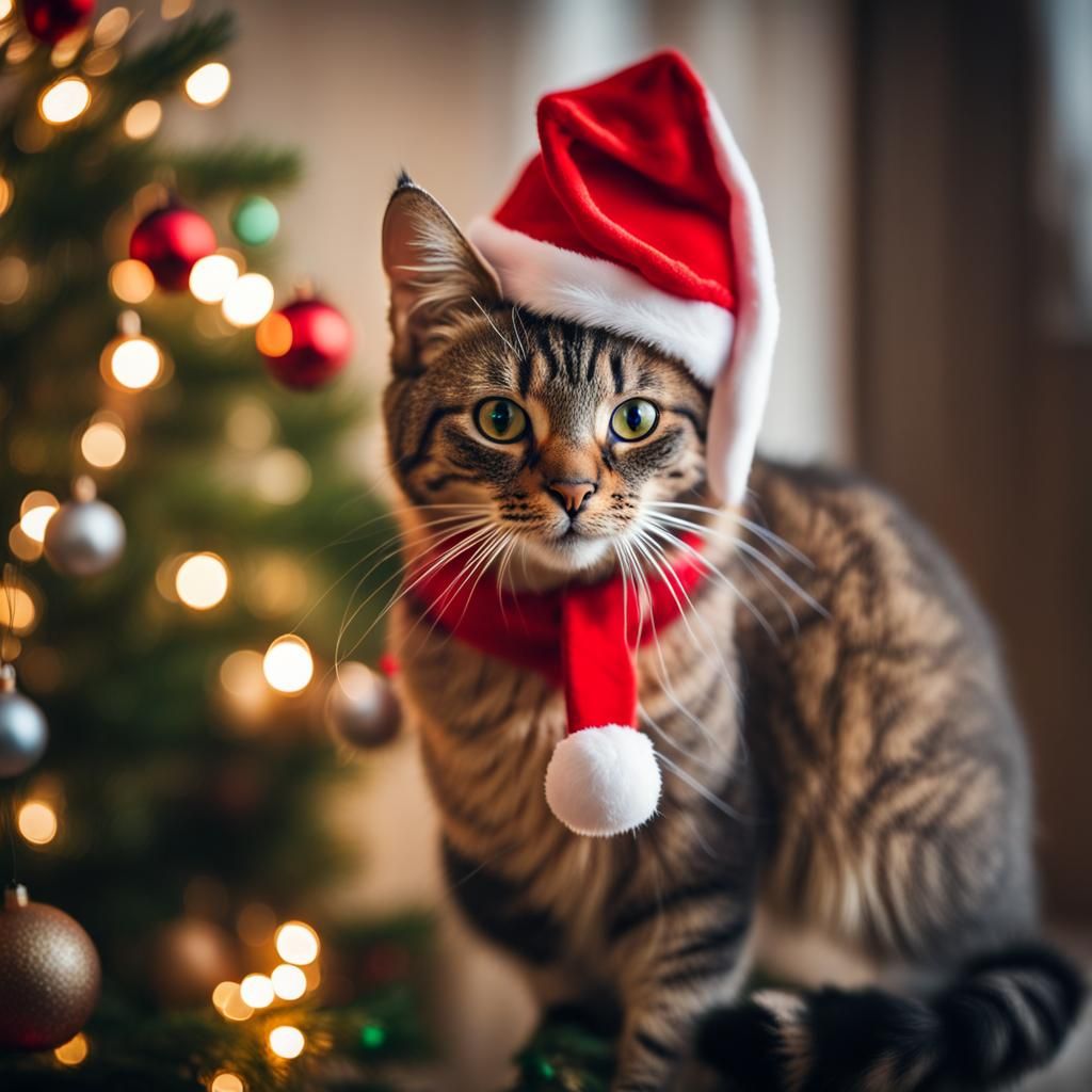Cat Decorating Christmas Tree in Santa Hat