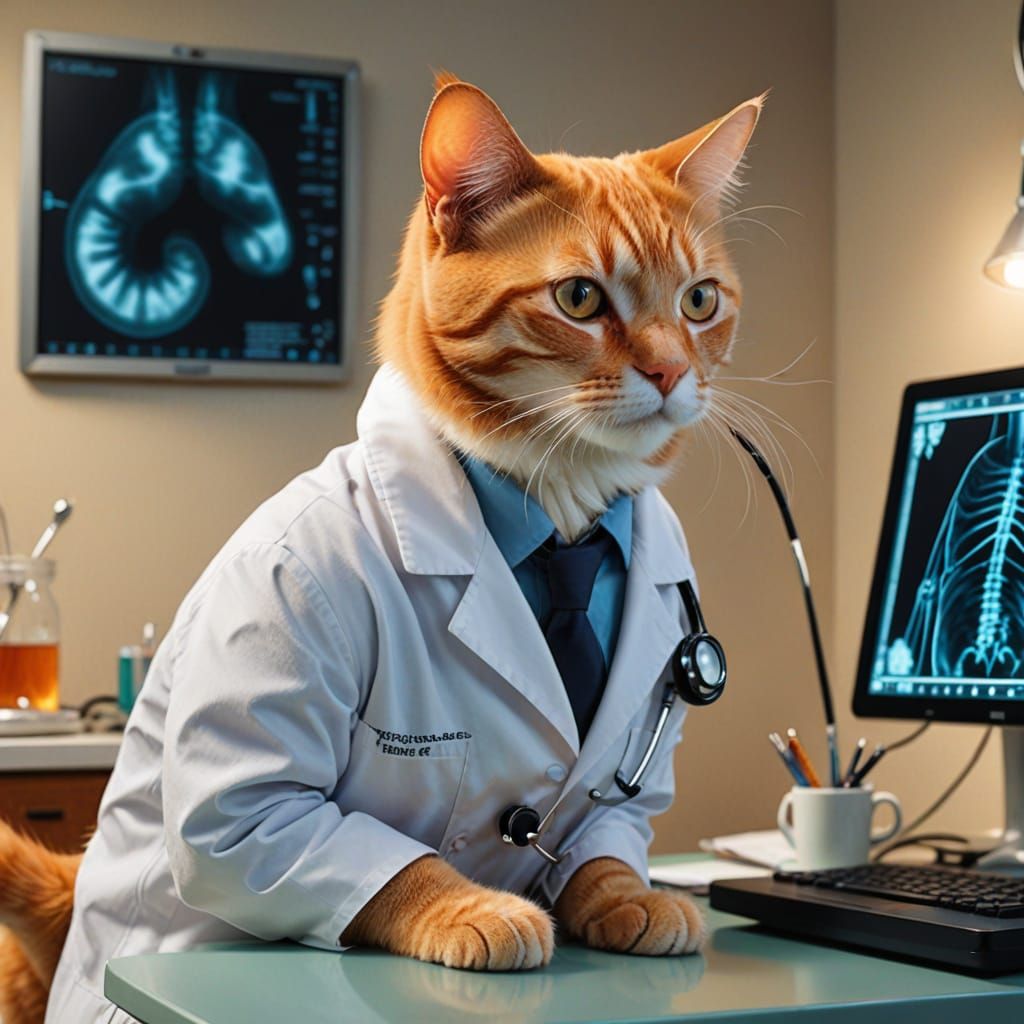 Cartoon Cat Doctor Examines X-Ray in Clinic