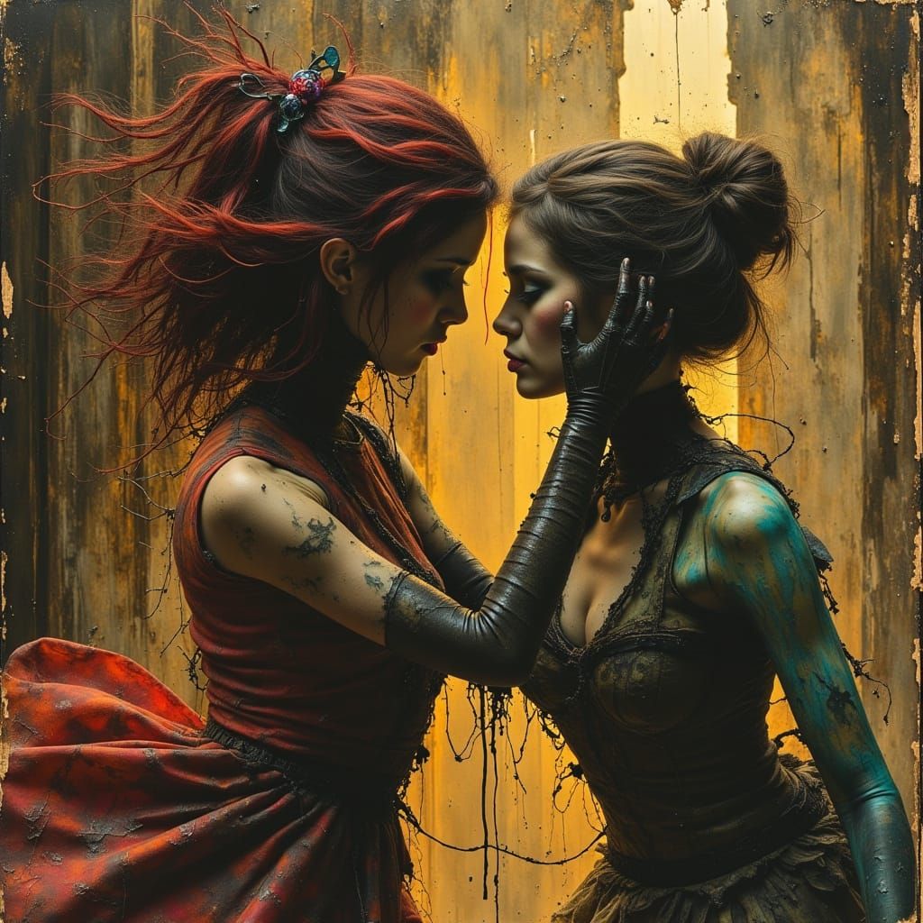 Steampunk and Cyberpunk Girls in Gothic Arena, Dark Oil Styl...