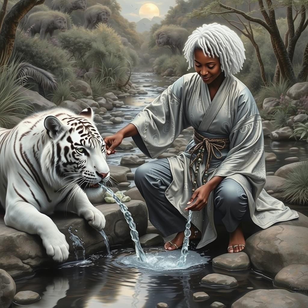 A African female with a white afro wearing a silver kimono i...