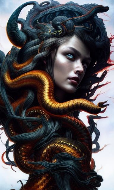 Medusa Hybrid Portrait with Lightning, in Dark Fantasy Style