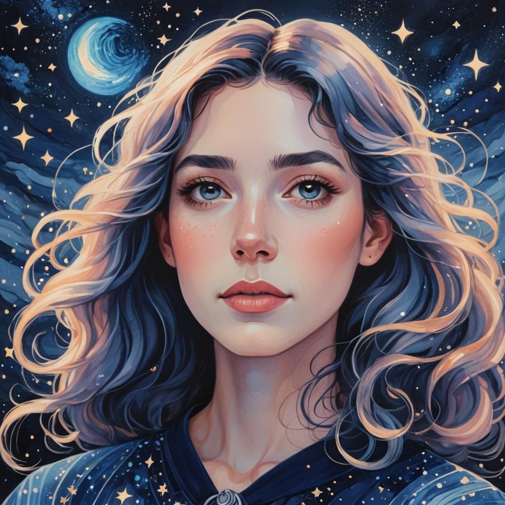 Celestial Dream Portrait in Whimsical Illustration Style