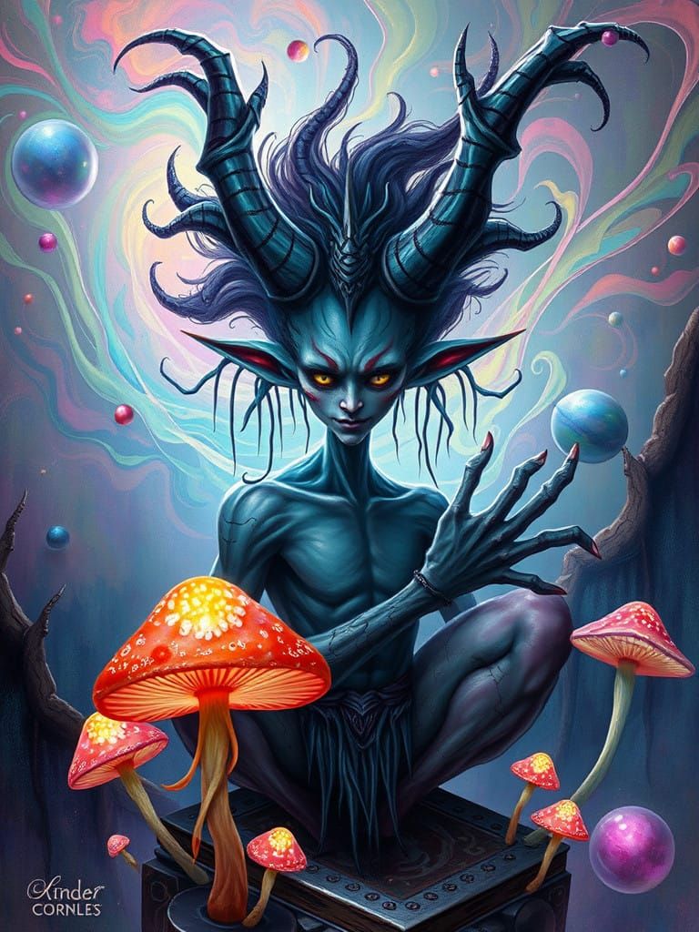 Mystical Trickster God in Dreamlike, Vibrant Realm