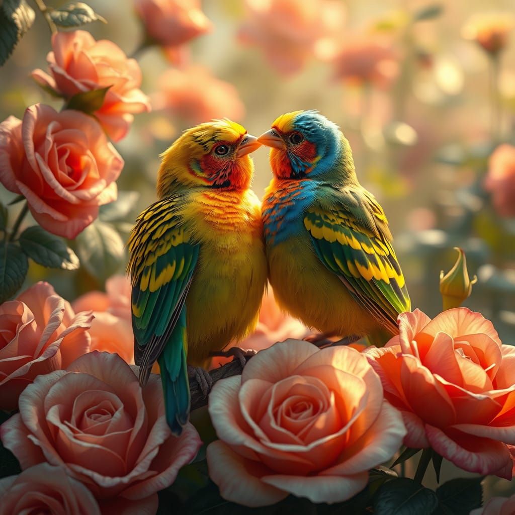 Canaries in Whimsical Love Amidst Rose Petals