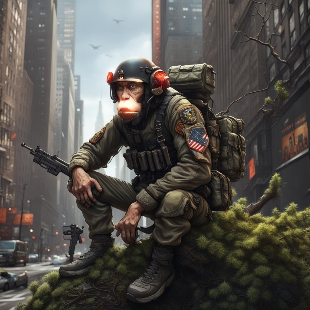 Monkey, Soldier, and City: Dark Fantasy Art