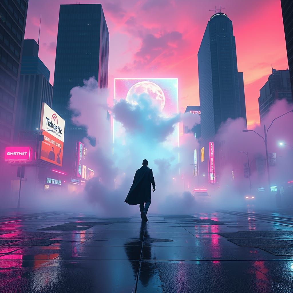 Lone Figure Emerges from Iridescent Portal in Cyberpunk City...