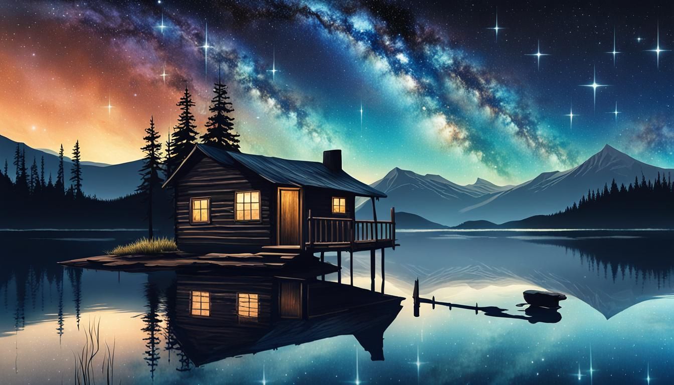 Cabin Under the Stars: A Surreal Night Landscape
