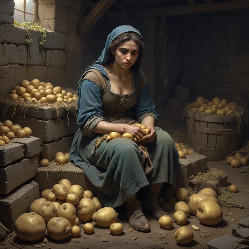 Young Greek Woman in a Damp Cellar, Peeling Potatoes in a Ha...