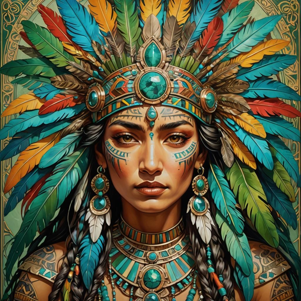 Aztec Goddess Portrait in Art Nouveau Oil Painting
