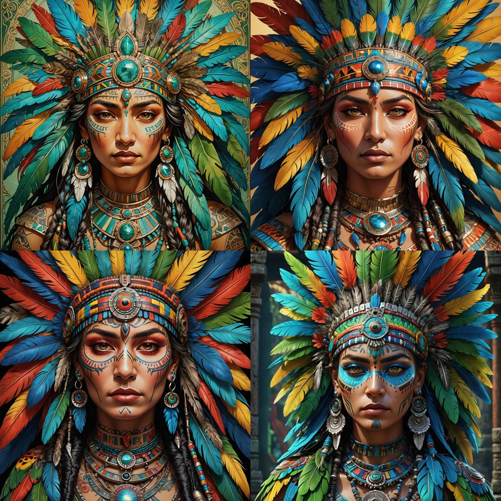 Aztec Goddess Portrait with Parrot Feather Headdress