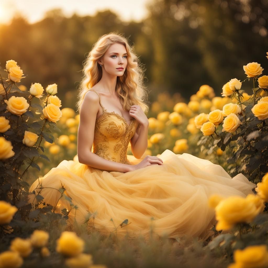 Golden Haired Maiden in Yellow Rose Field as Watercolor