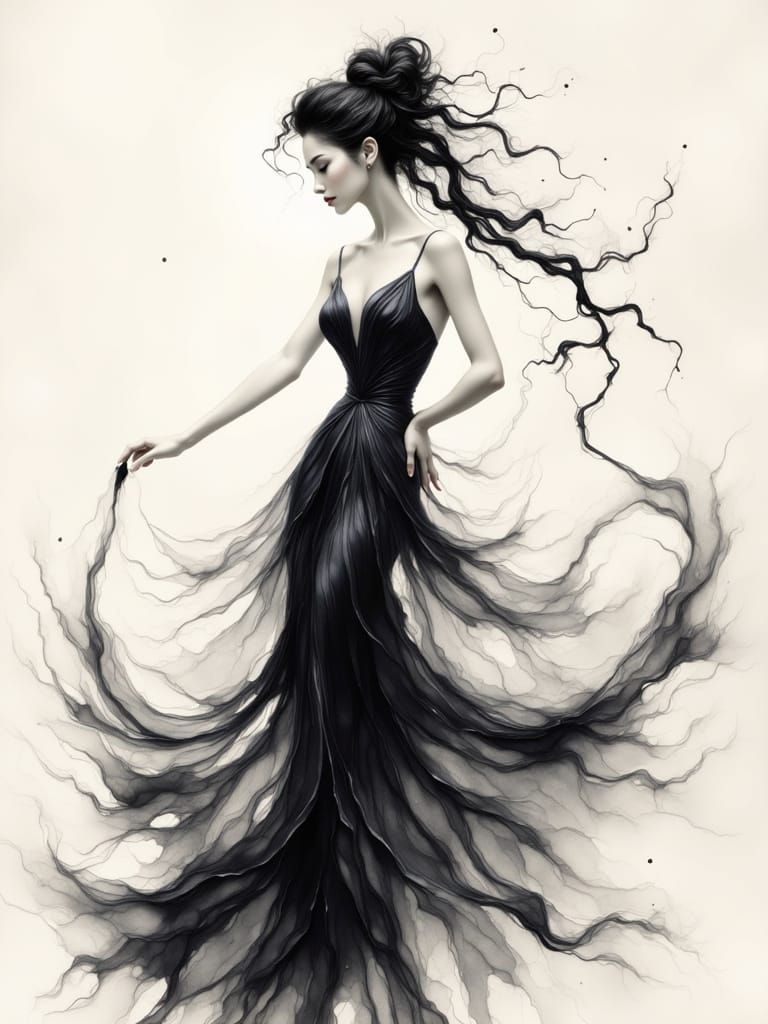 Woman in Flowing Dress as Sumi-e Ink Wash