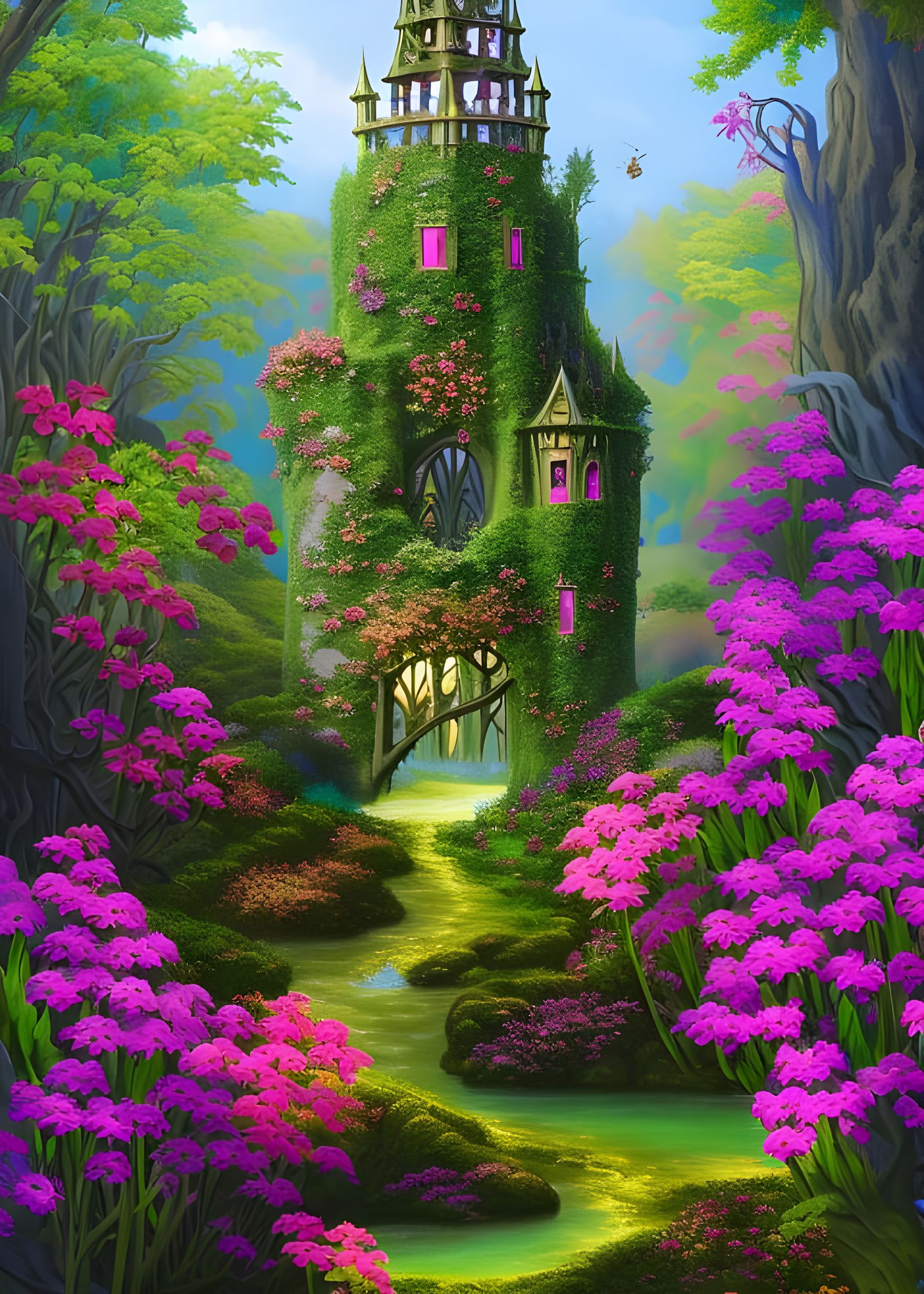 Elven Tower Overflowing with Flowers in Woodland Setting