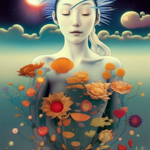 Surreal Sun and Moon Flower Woman, Detailed Fairytale Art