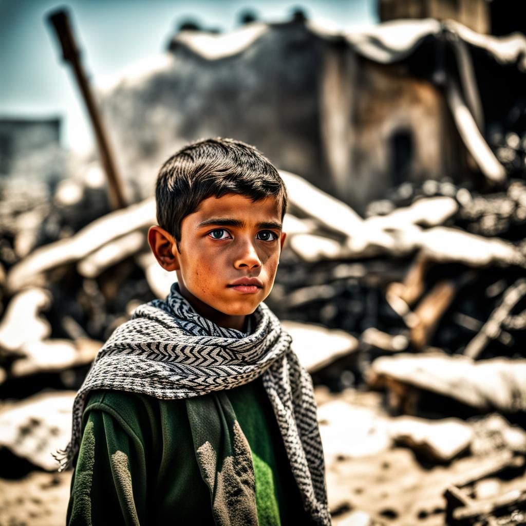 Palestinian Boy in Gaza Fire: Hyperrealistic Portrait