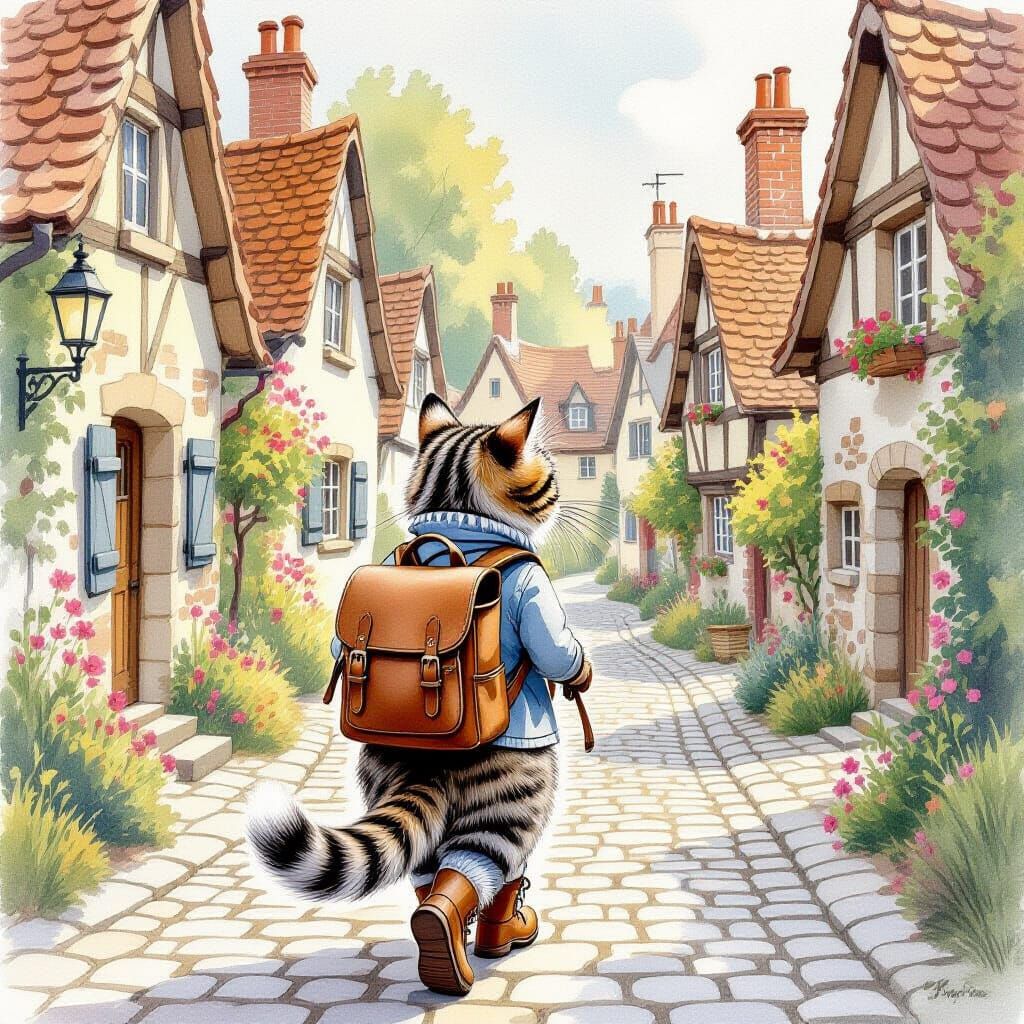 Cat's European Adventure: Whimsical Watercolor Illustration