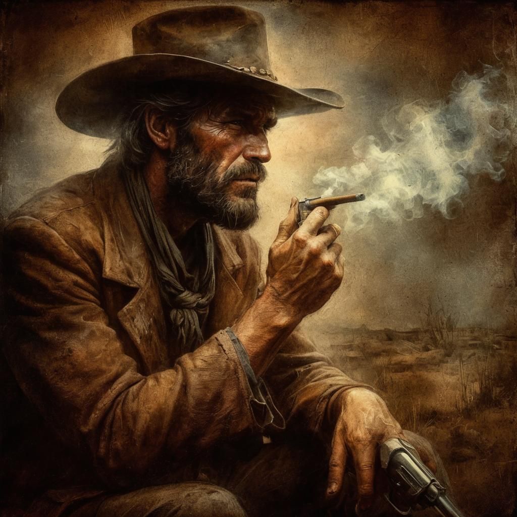 Lone Cowboy Drifter in Old West Sunset