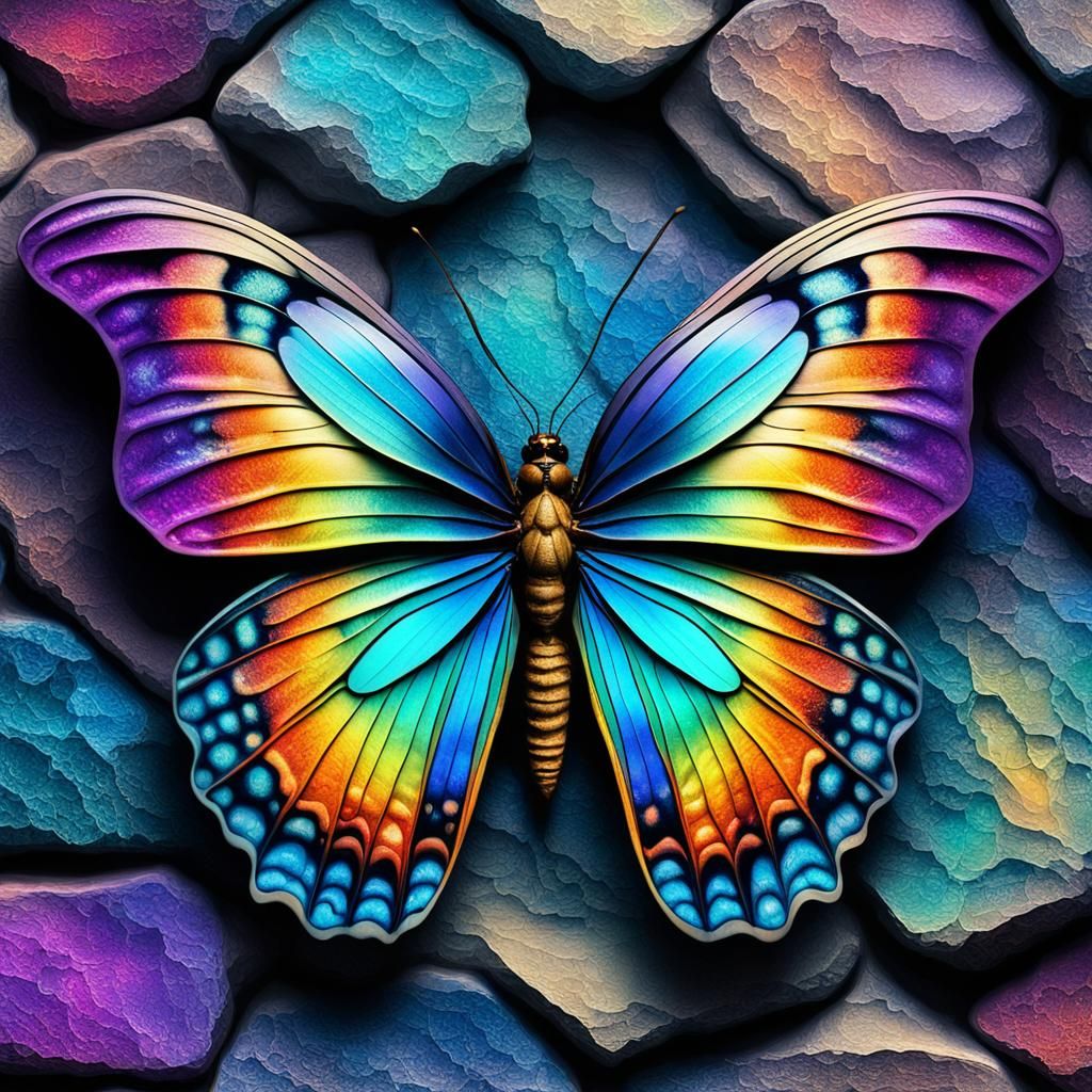 Rainbow Butterfly on Stone Wall in Macro Photography