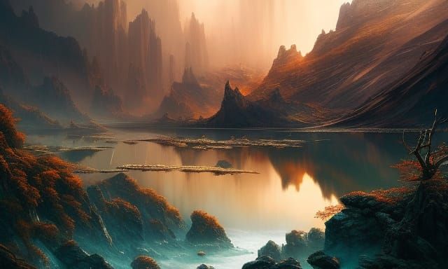 Sun-Drenched Ravine in Dark Fantasy Style