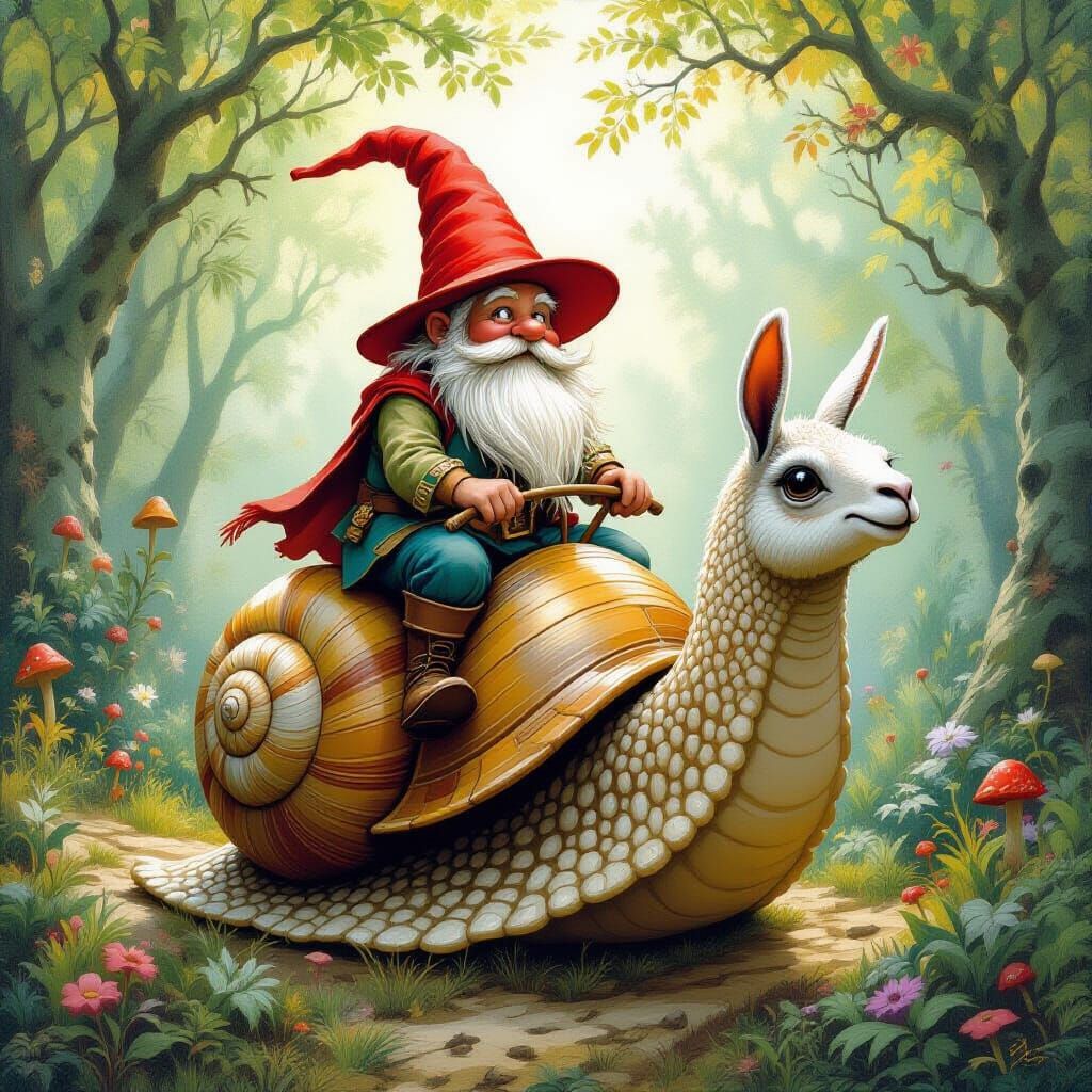 Gnome Rides Snail-Llama in Whimsical Forest