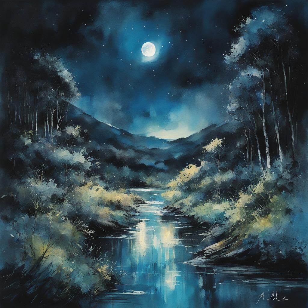 Lush Blue Landscape Under Black Night Sky