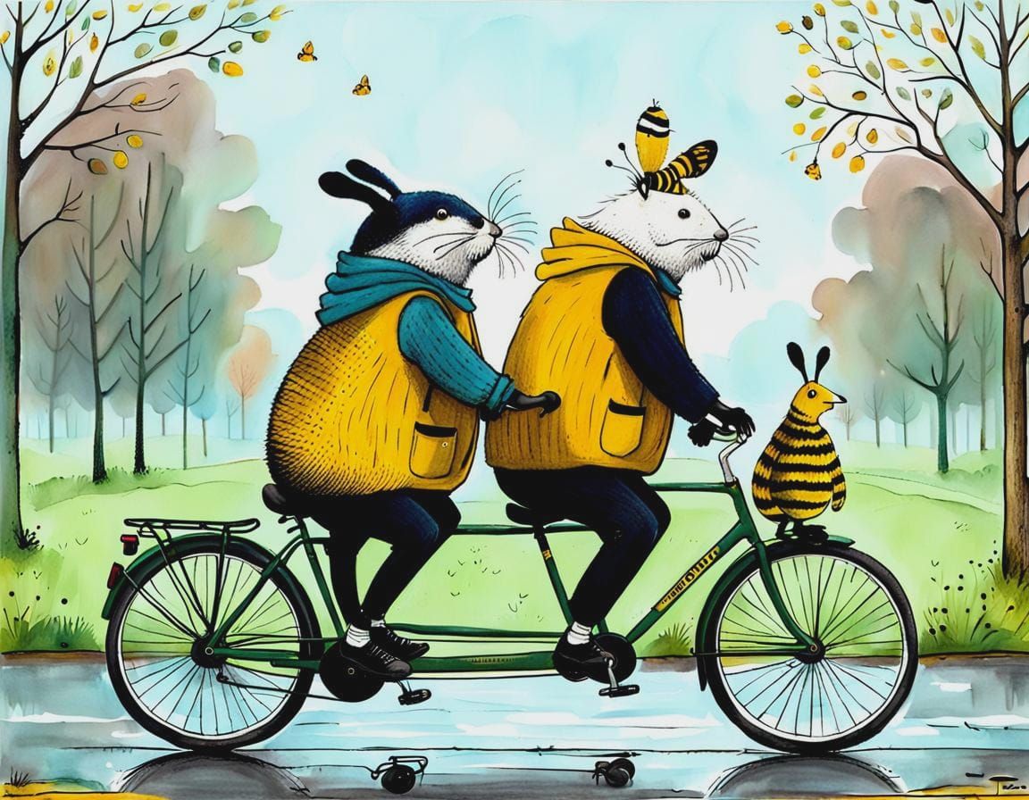 Whimsical Tandem Bike Ride in Naive Art Style