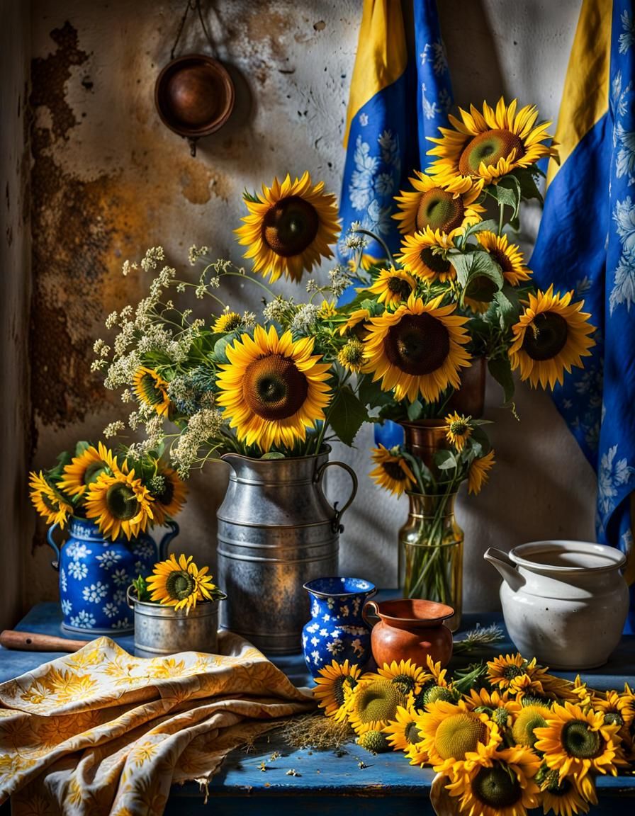 Sunflowers and Delft Blue Flowers Still Life