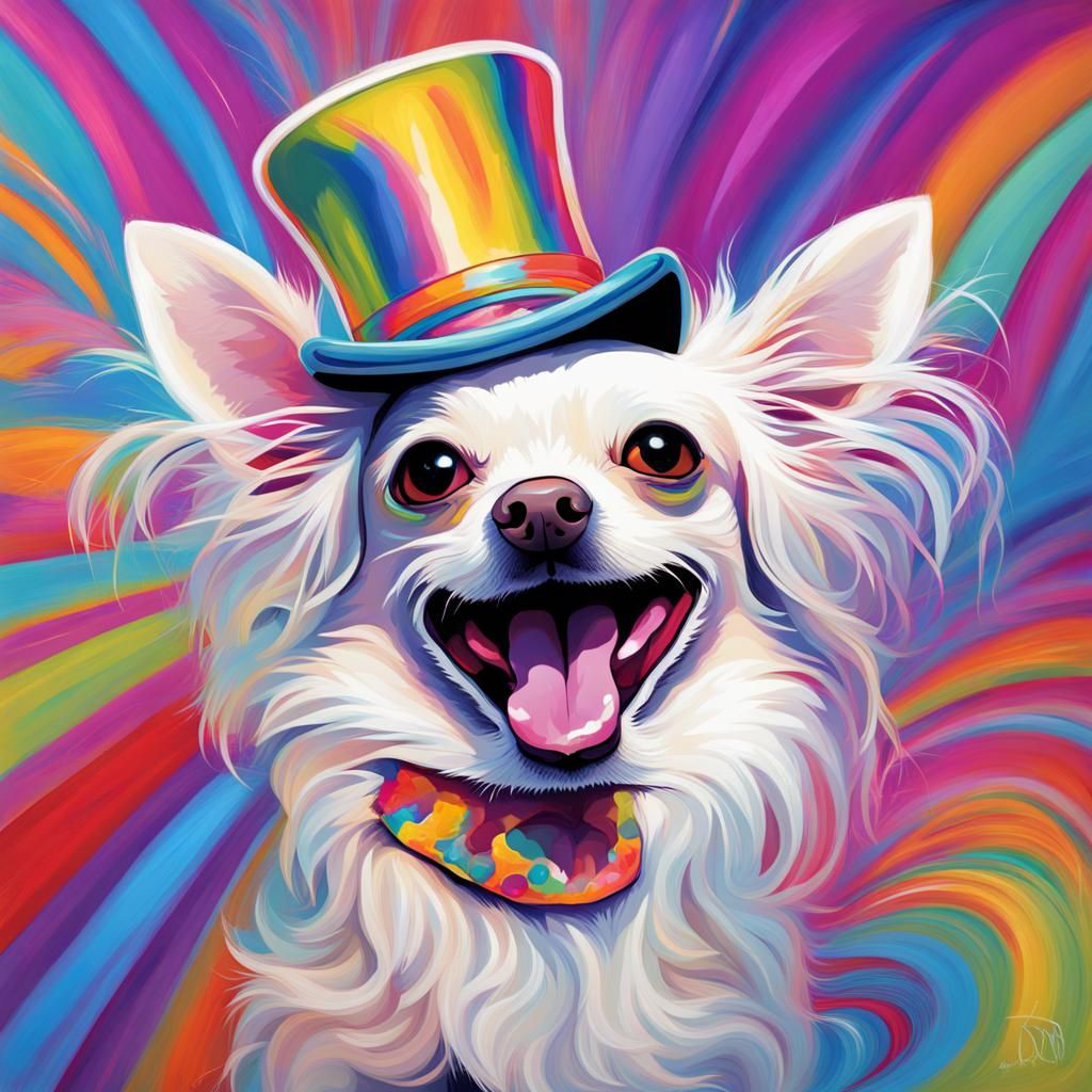 Chihuahua Laughing in Top Hat, Lisa Frank Style