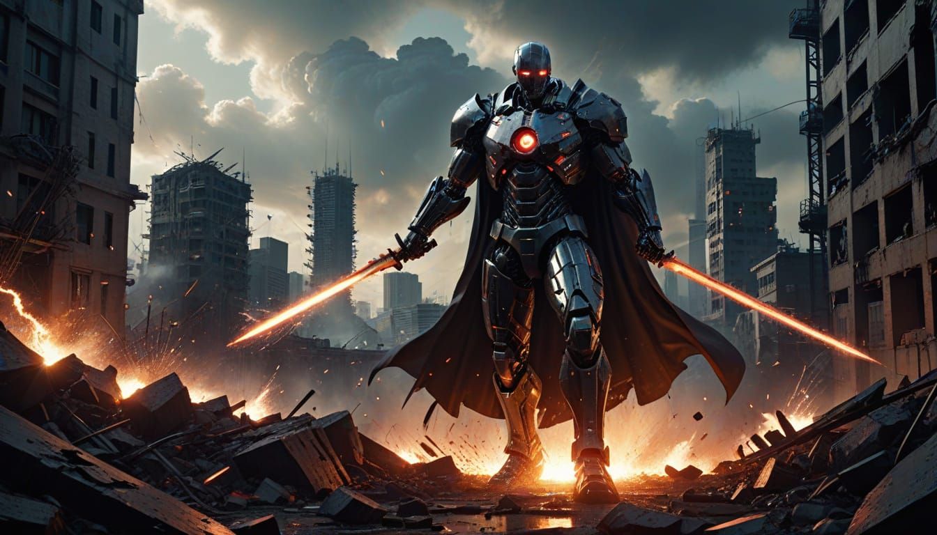 Heroic Manga Scene with God-Rays and Cybernetic Horror