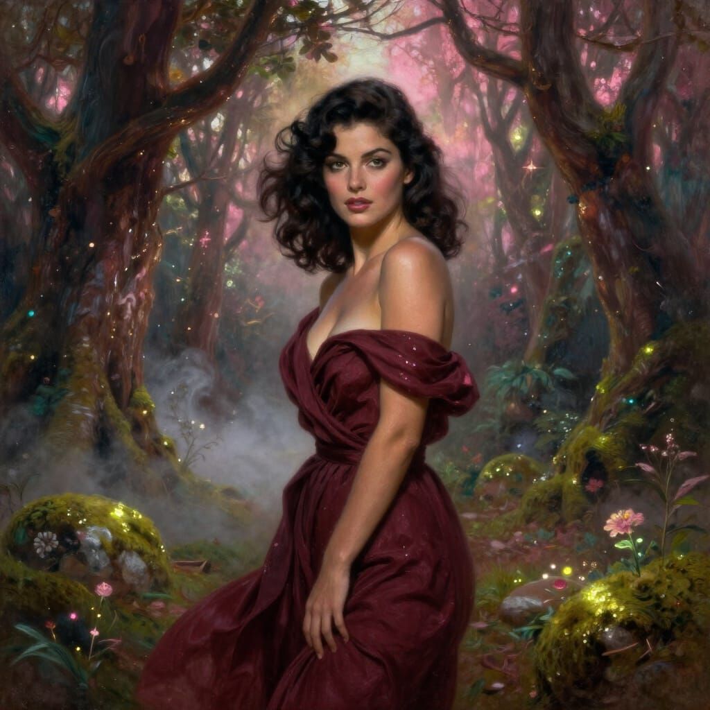 1950s Pin-Up in Magical Forest, Oil Painting Style