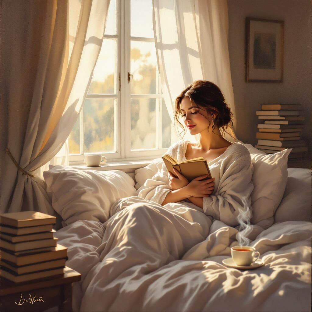 Woman Reading in Bed, Golden Morning Light