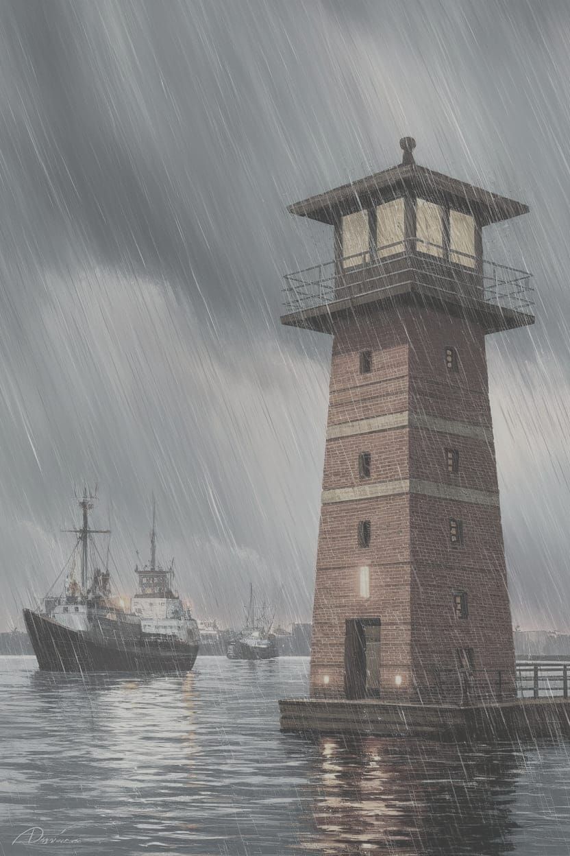 Impasto Painting of a Rainy Harbour Scene with Watchtower an...