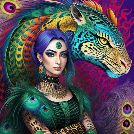 Rainbow Dragon Woman with Peacock Hair: Abstract Art