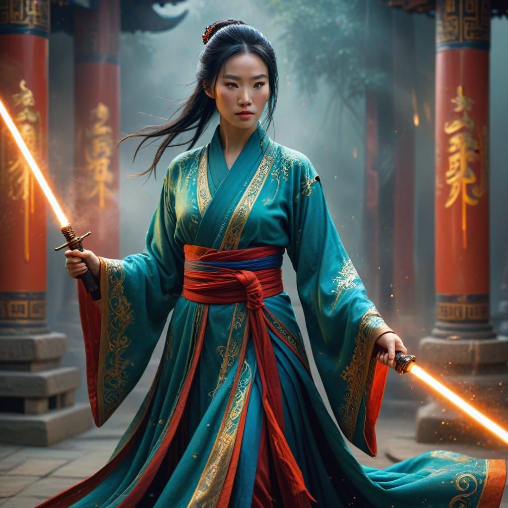 Mulan in Epic Jedi Robes, Ancient Chinese Temple