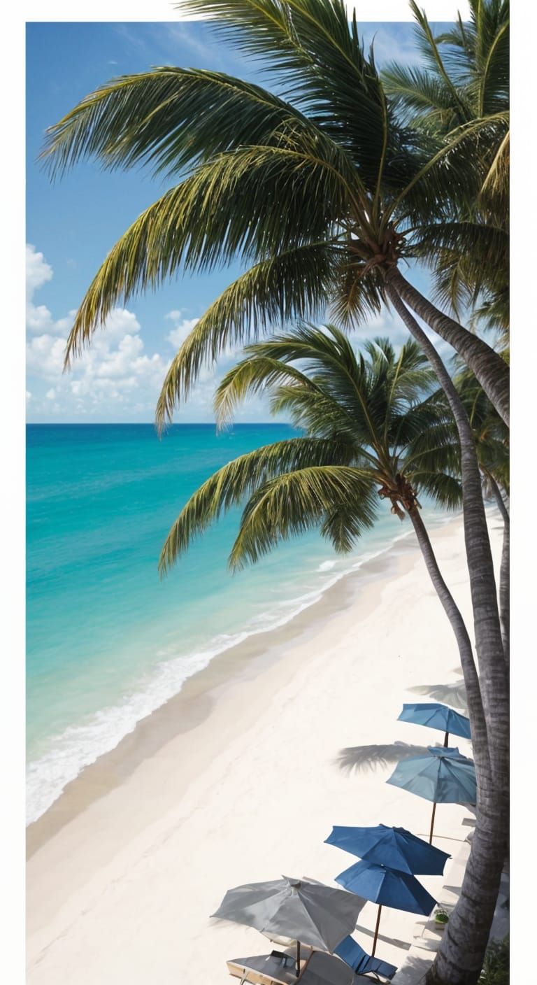 Vertical Panoramic Beach Scene in Chrome Silkscreen Style