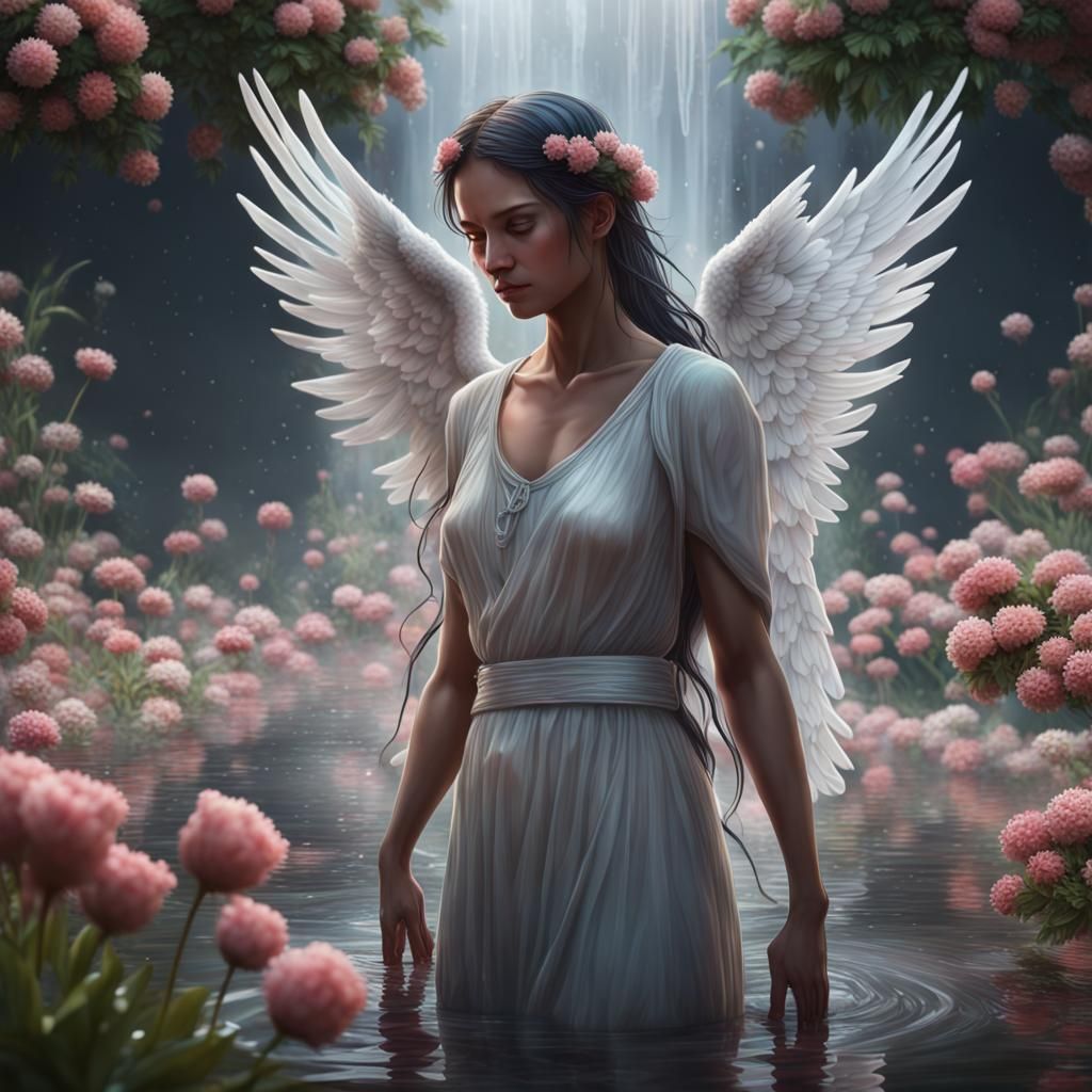 Mourning Mother's Tears Irrigating Flowers: Realistic Image