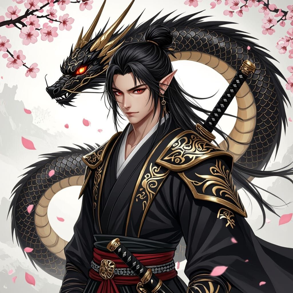Anime Style Elf Ninja with Dragon and Sakura