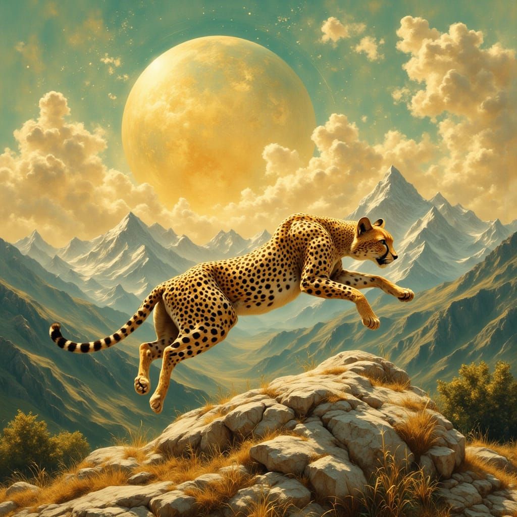 Majestic Cheetah in Art Deco Style Sunset Over Mountains