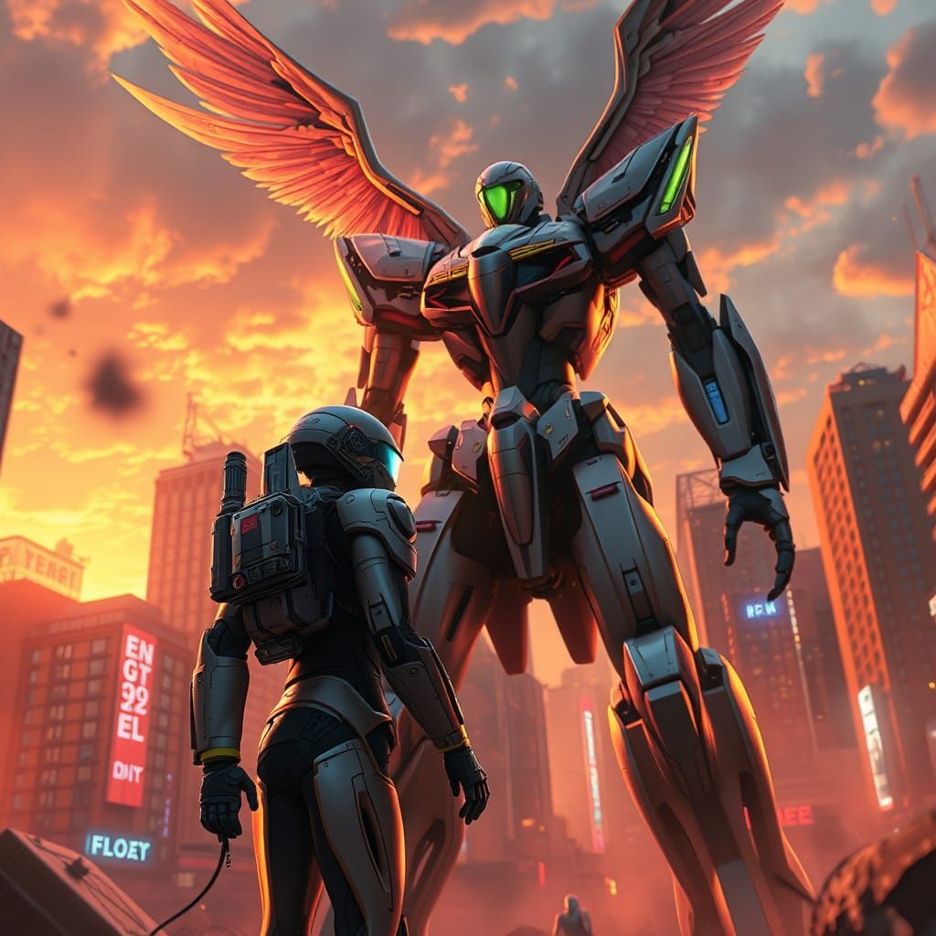 Mecha Pilot Battles Evangelion in Neon Cityscape