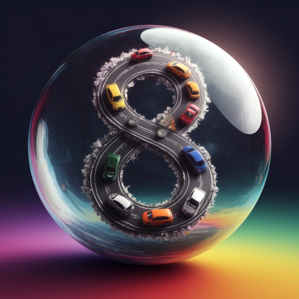 Racing Cars in a Glass Sphere: A Hyperrealistic Scene