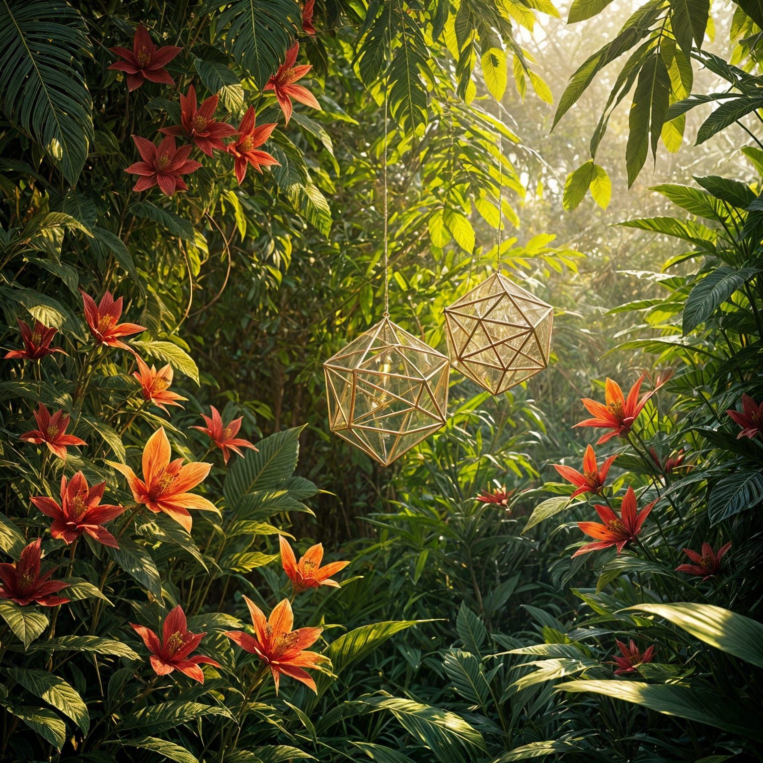 Hyperrealistic Mathematical Wonders in a Lush Jungle Setting