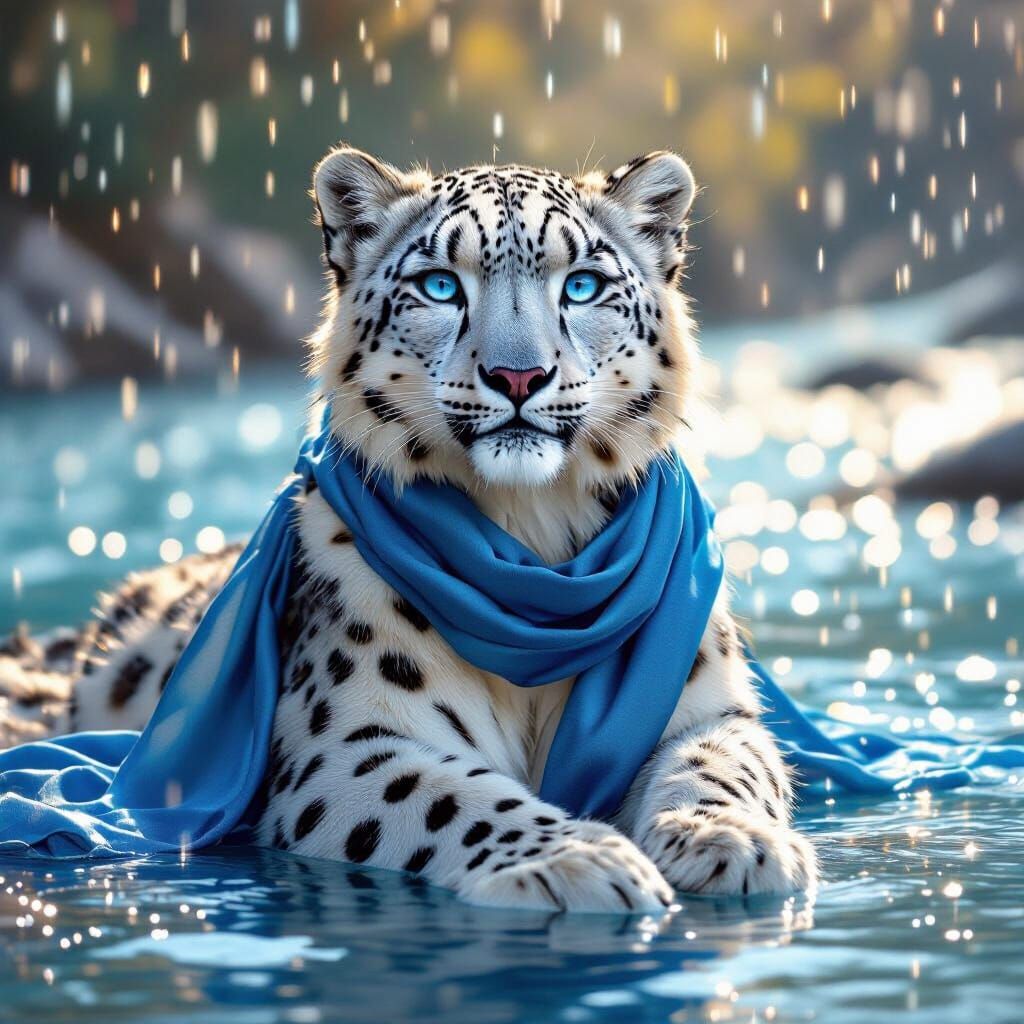Anthropomorphic Snow Leopard with Blue Eyes in Hyperrealism