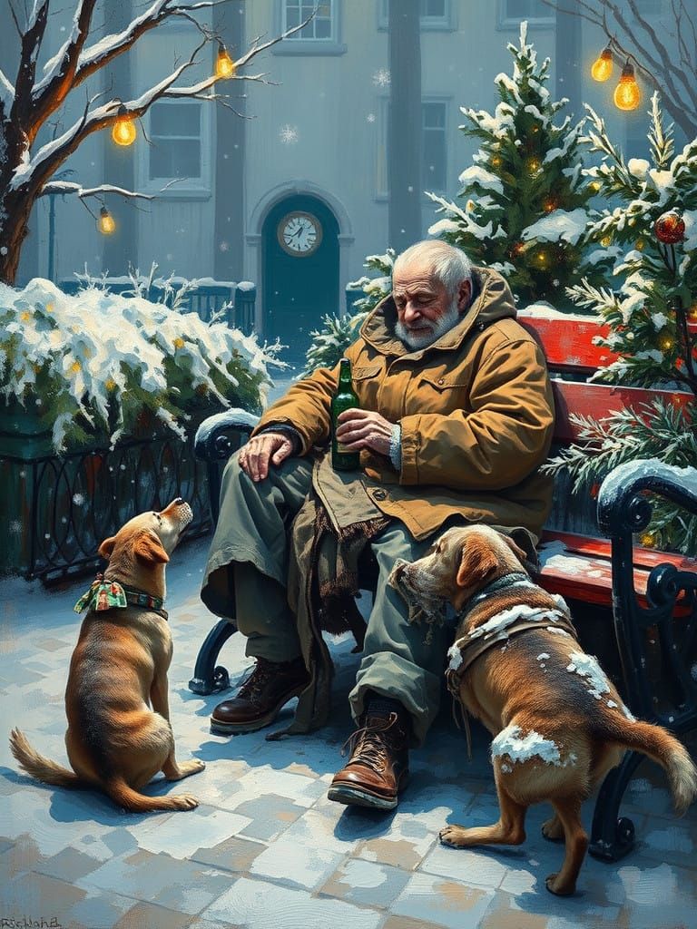 Homeless Man at Christmas, Snowy Scene in Impressionist Styl...