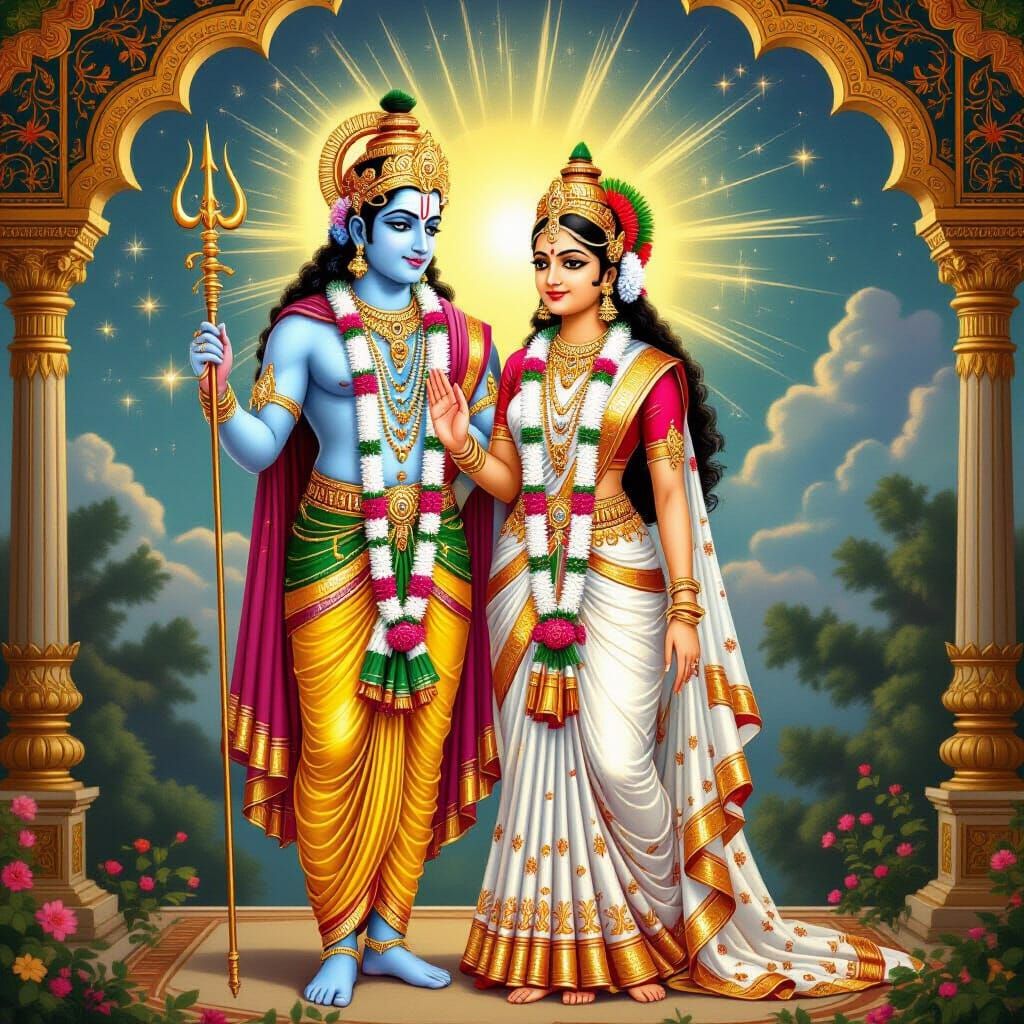 Lord Rama and Goddess Sita in Divine Illustration