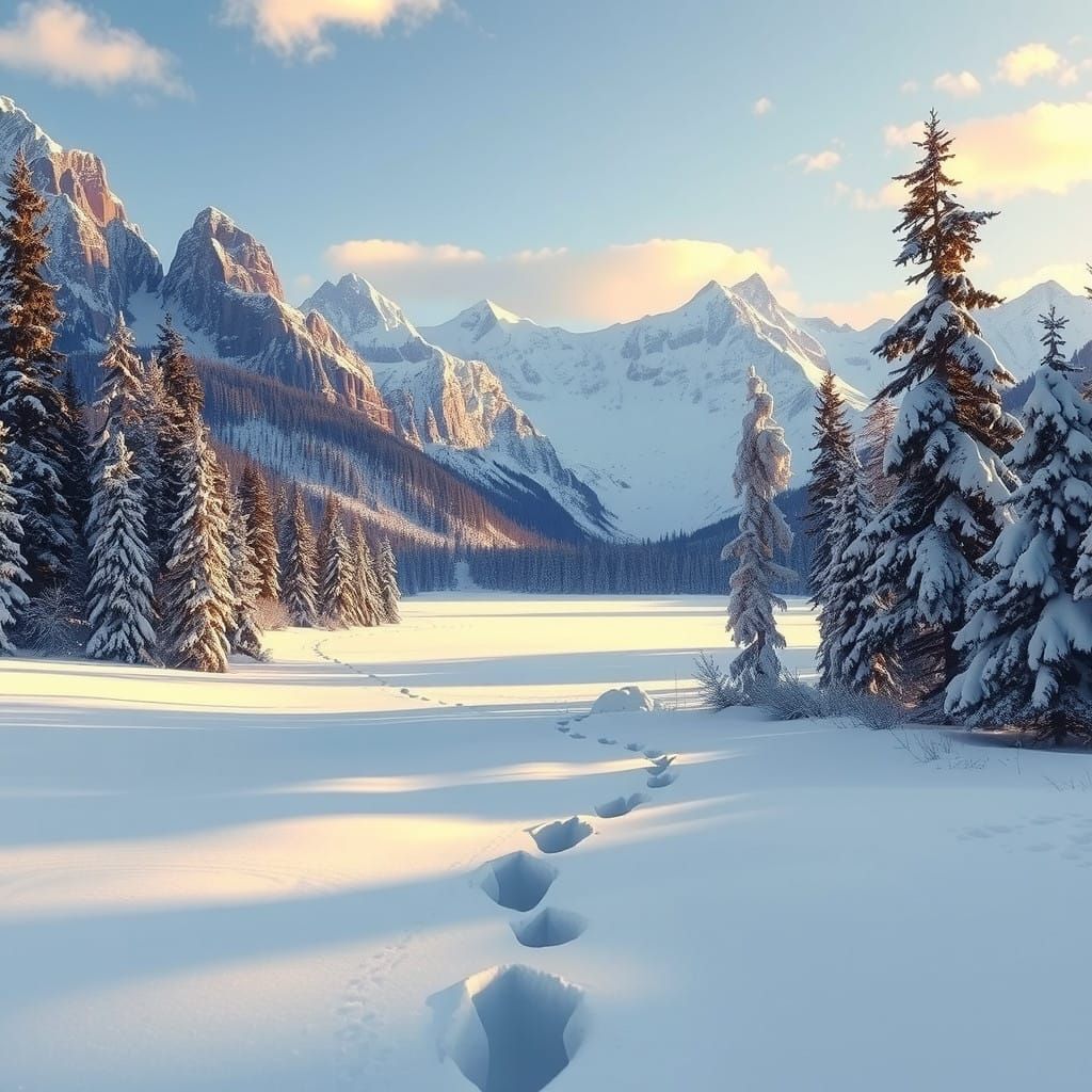 Winter Wonderland with Majestic Mountains and Serene Lake
