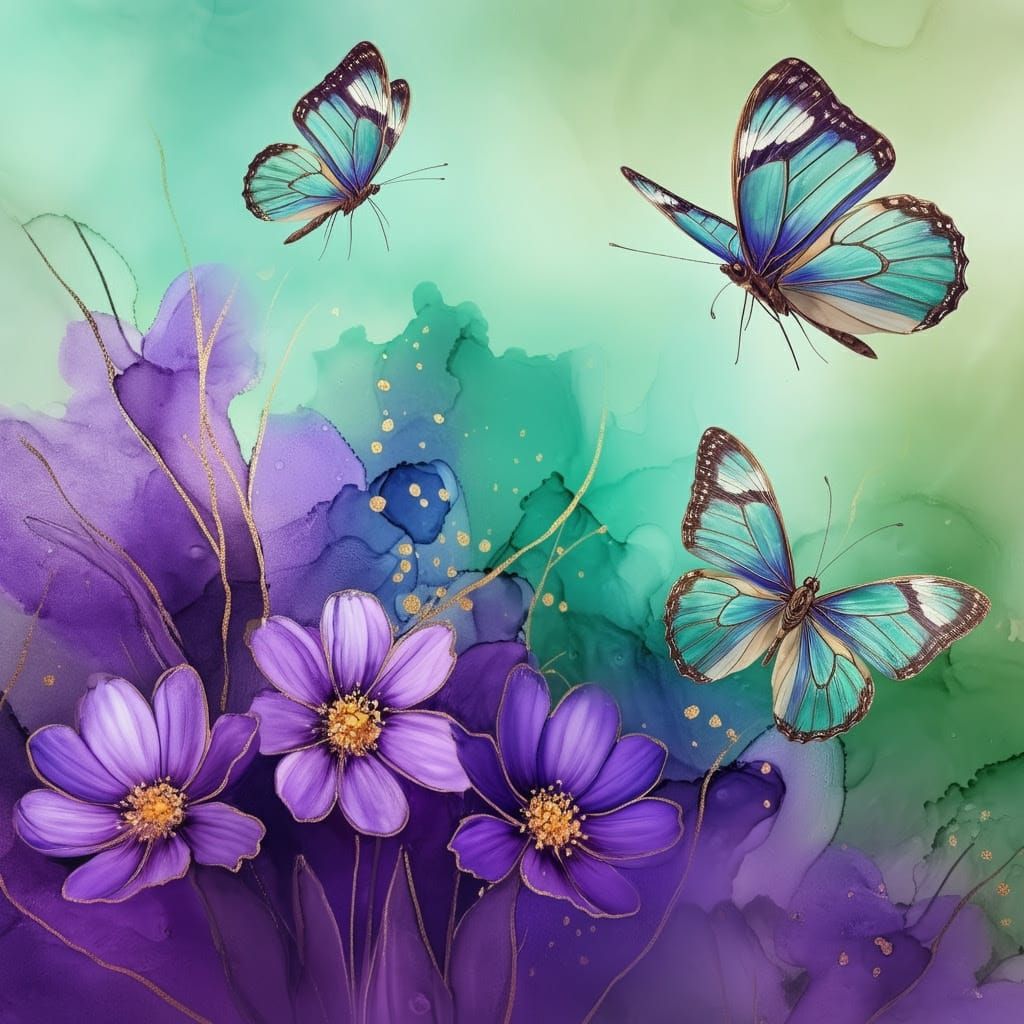 Iridescent Butterflies Amidst Vibrant Wildflowers in Waterco...