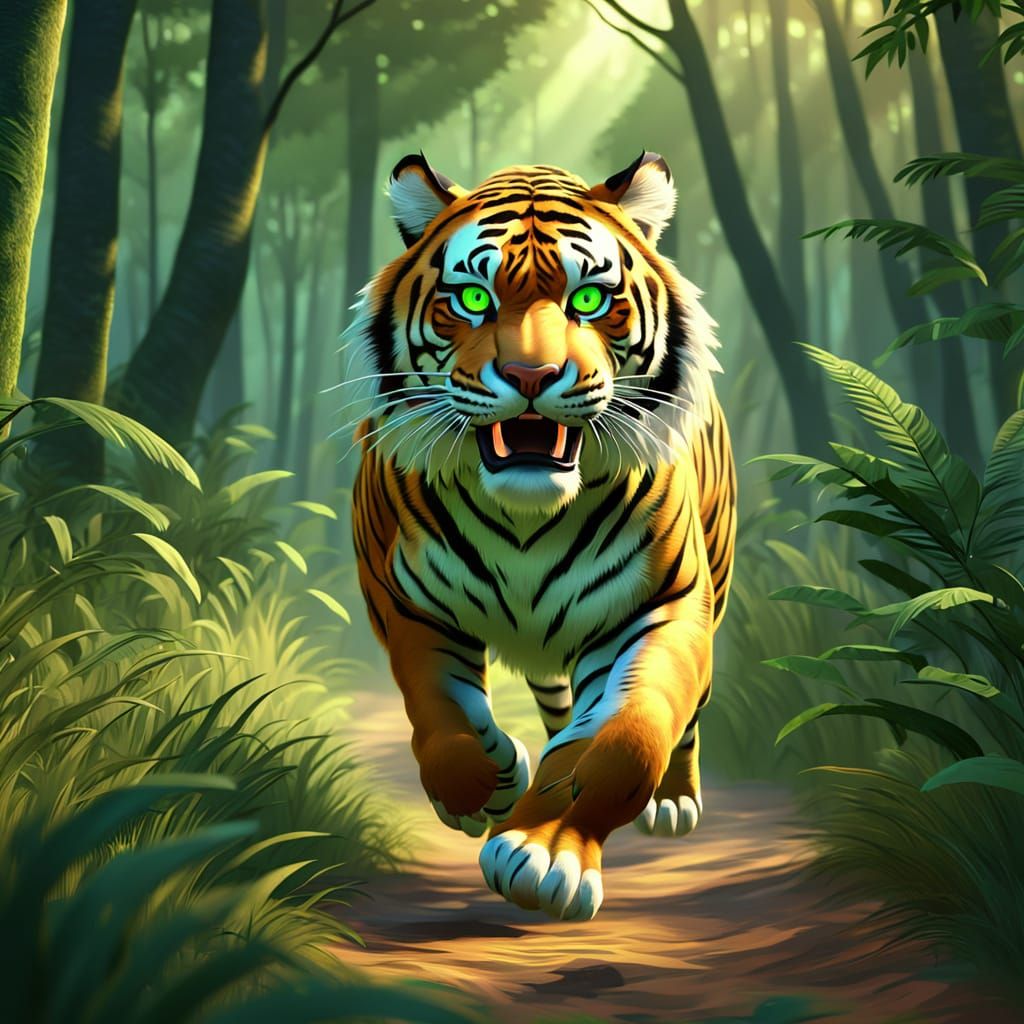 Tiger Runs in Forest: Henri Rousseau Style